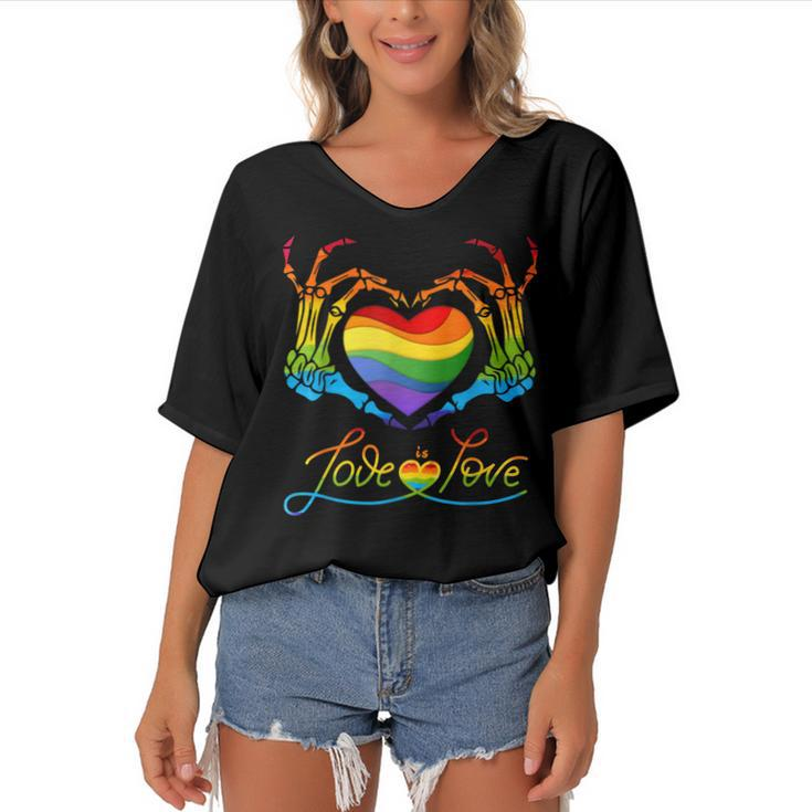 Rainbow Heart Skeleton Love Is Love Lgbt Gay Lesbian Pride  Women's Bat Sleeves V-Neck Blouse