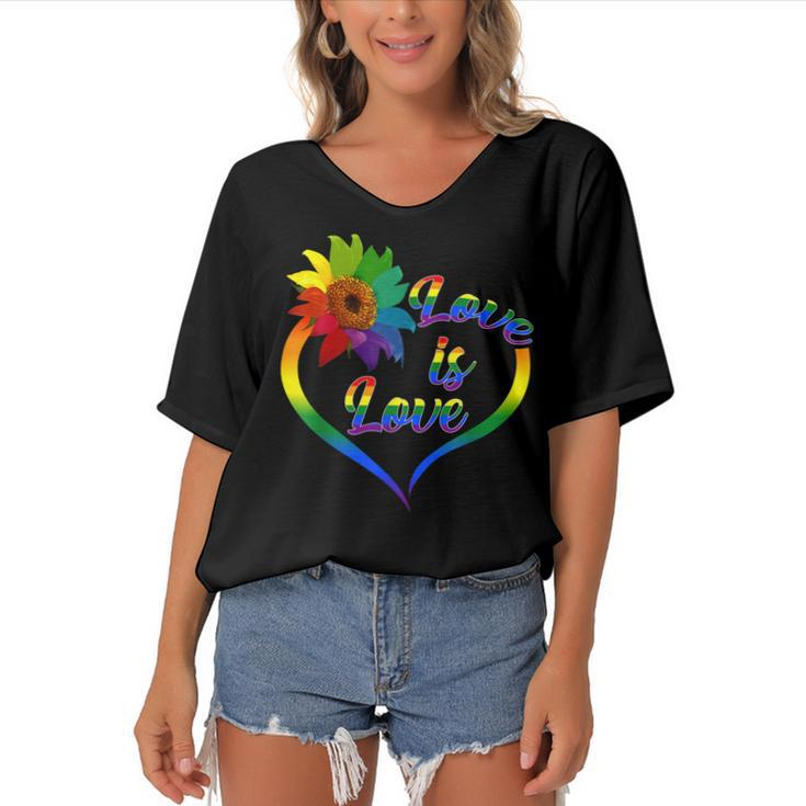 Rainbow Sunflower Love Is Love Lgbt Gay Lesbian Pride  V2 Women's Bat Sleeves V-Neck Blouse