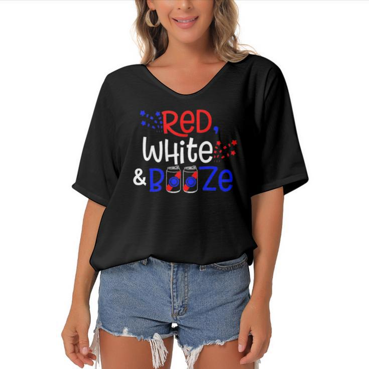 Red White And Booze  Funny Adult 4Th Of July   Women's Bat Sleeves V-Neck Blouse