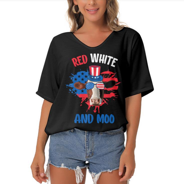 Red White And Moo Patriotic Cow Farmer 4Th Of July  Women's Bat Sleeves V-Neck Blouse