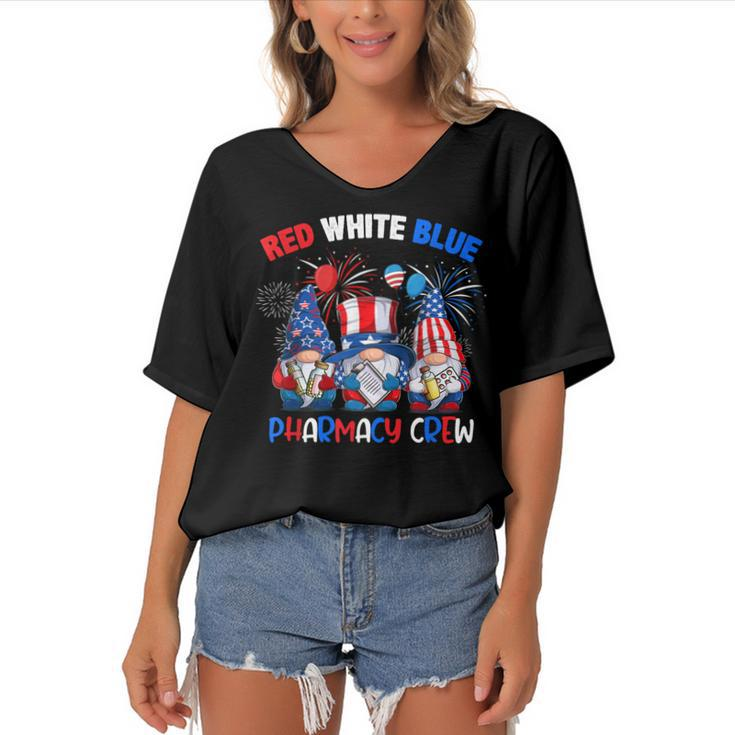 Red White Blue American Pharmacy Crew Gnome 4Th Of July  Women's Bat Sleeves V-Neck Blouse