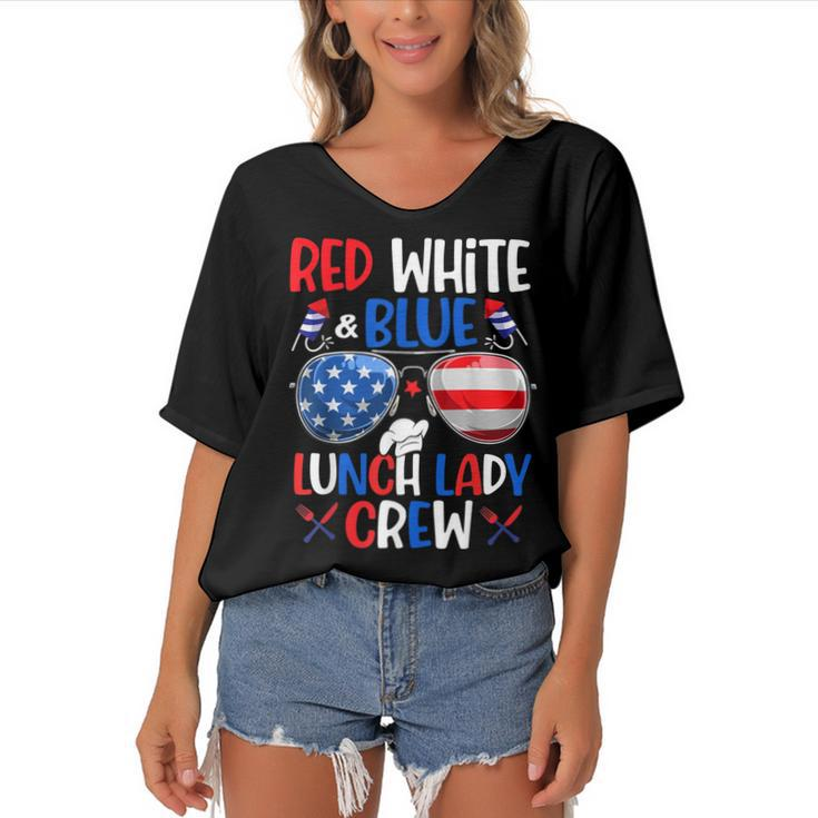 Red White Blue Lunch Lady Crew Sunglasses 4Th Of July Gifts  Women's Bat Sleeves V-Neck Blouse