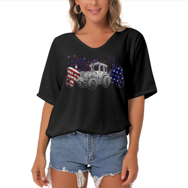 Red White Blue Tractor Usa Flag 4Th Of July Patriot Farmer  Women's Bat Sleeves V-Neck Blouse