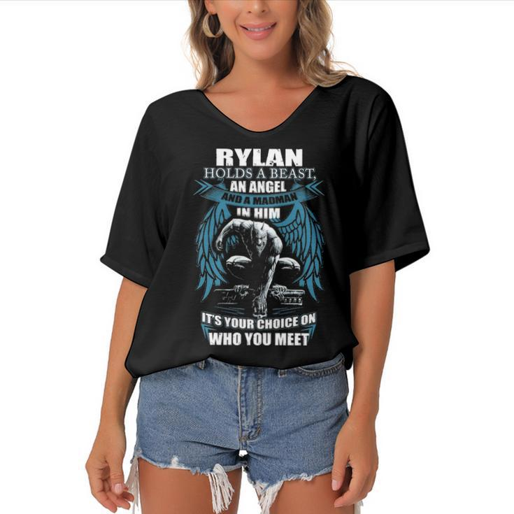 Rylan Name Gift   Rylan And A Mad Man In Him Women's Bat Sleeves V-Neck Blouse