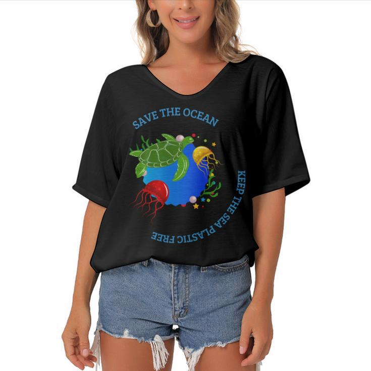 Save The Ocean Keep The Sea Plastic Free Women's Bat Sleeves V-Neck Blouse