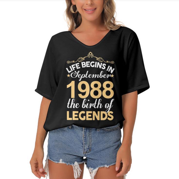 September 1988 Birthday   Life Begins In September 1988 V2 Women's Bat Sleeves V-Neck Blouse