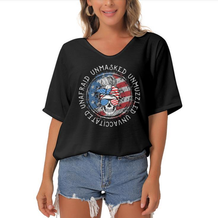 Skull Unafraid Unmasked Unmuzzled Unvaccinated 4Th Of July Women's Bat Sleeves V-Neck Blouse