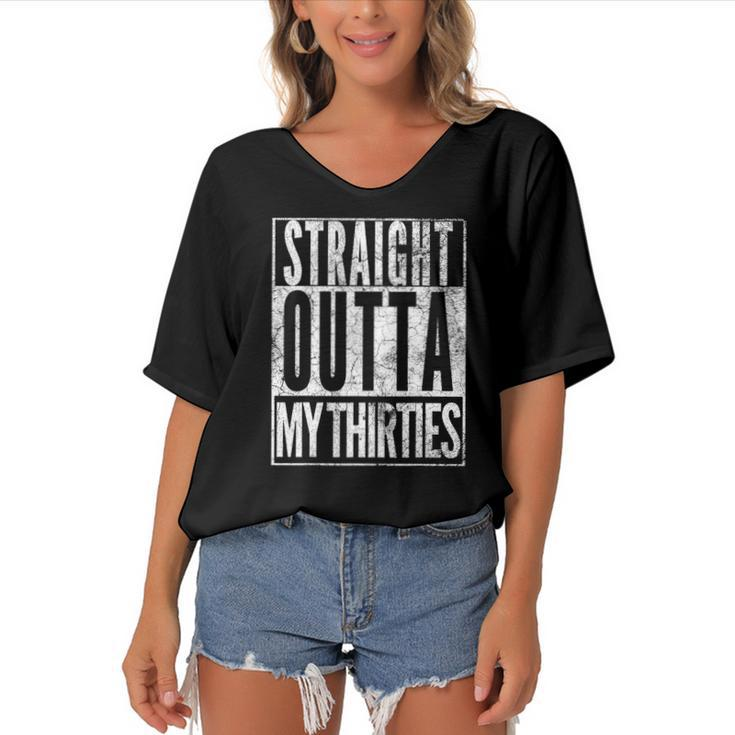 Straight Outta My Thirties 40Th Birthday  40 Years Old Vintage Women's Bat Sleeves V-Neck Blouse
