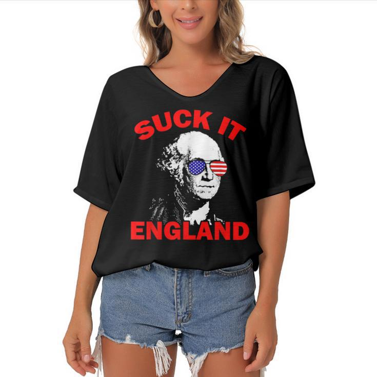 Suck It England Funny 4Th Of July Patriotic  Women's Bat Sleeves V-Neck Blouse