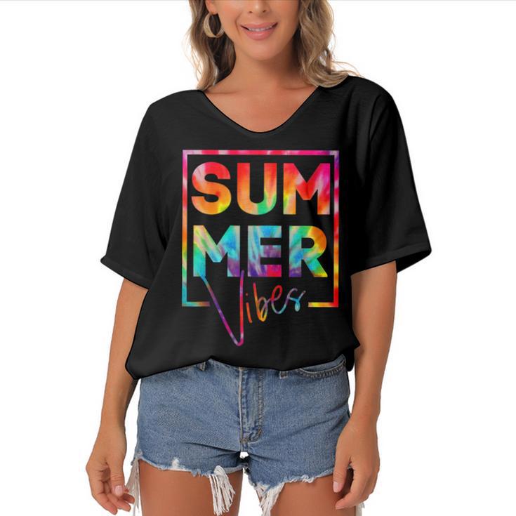 Summer Vibes Tie Dye Hello Summer Vacation  Women's Bat Sleeves V-Neck Blouse