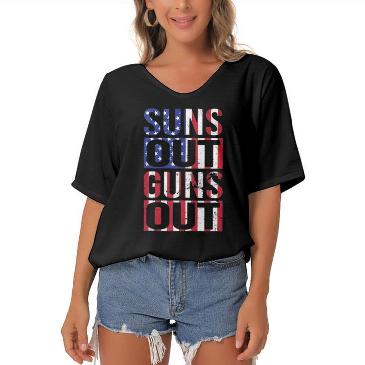Suns Out Guns Out Funny Fourth Of July Muscles  Women's Bat Sleeves V-Neck Blouse