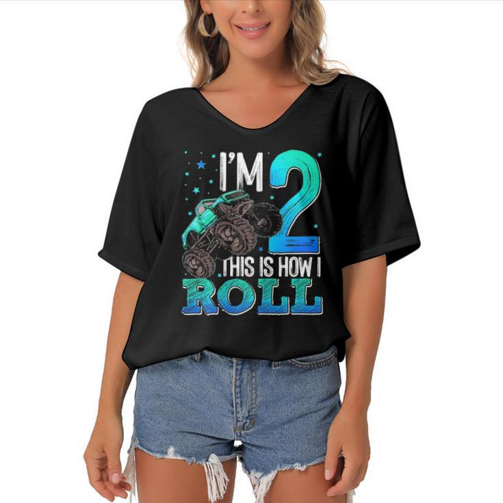 This Is How I Roll 2 Years Old Monster Truck 2Nd Birthday Women's Bat Sleeves V-Neck Blouse
