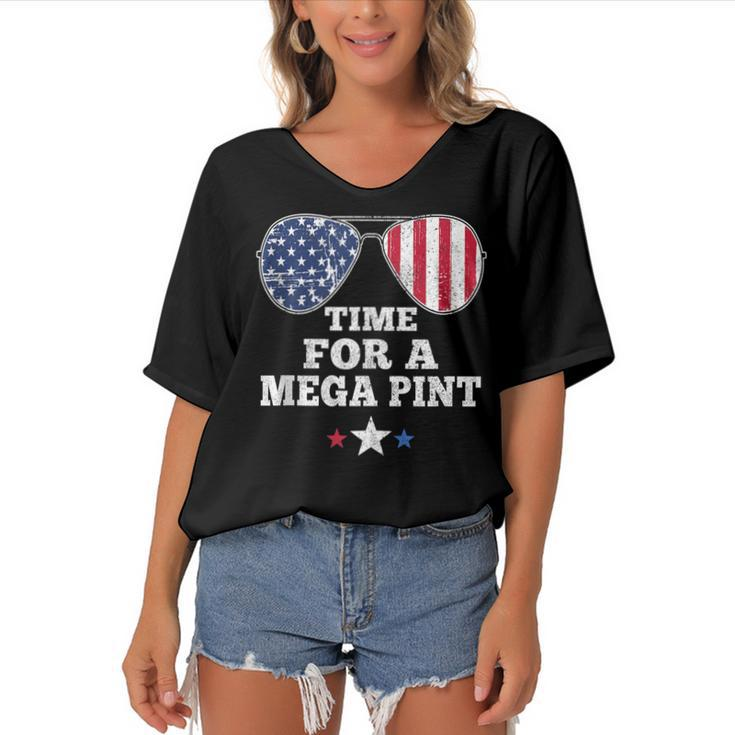 Time For A Mega Pint Funny 4Th Of July Patriotic Sunglasses  Women's Bat Sleeves V-Neck Blouse