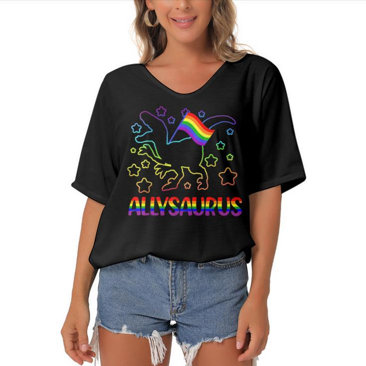 Trans Ally Allysaurus Gay Pride Lgbtq Trans Flag Dinosaur  V3 Women's Bat Sleeves V-Neck Blouse