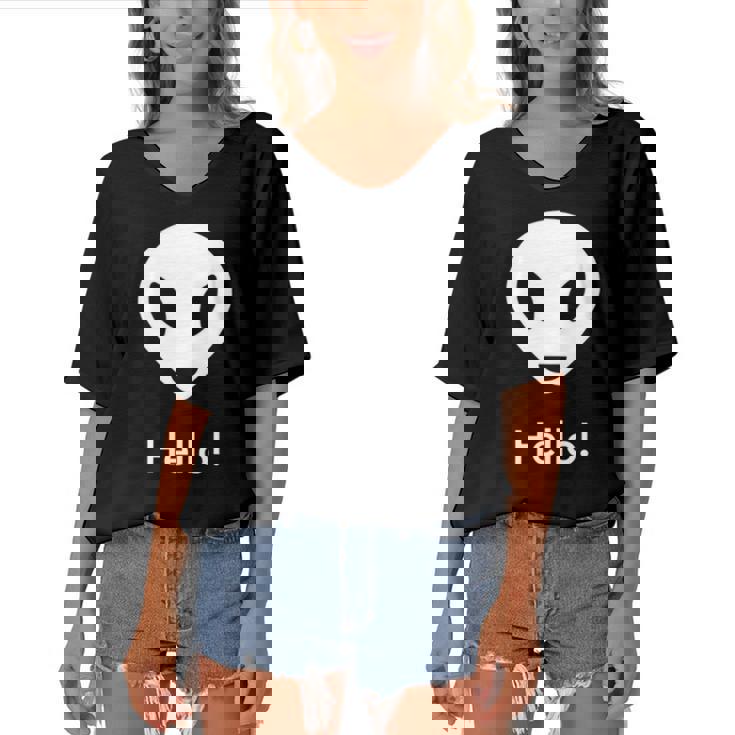 Ufo Alien Hello Science Fiction Lover Women's Bat Sleeves V-Neck Blouse