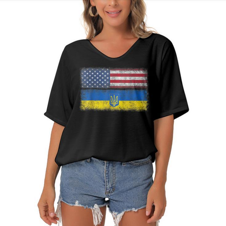 Ukrainian American Flag Ukraine Usa America Roots  Women's Bat Sleeves V-Neck Blouse