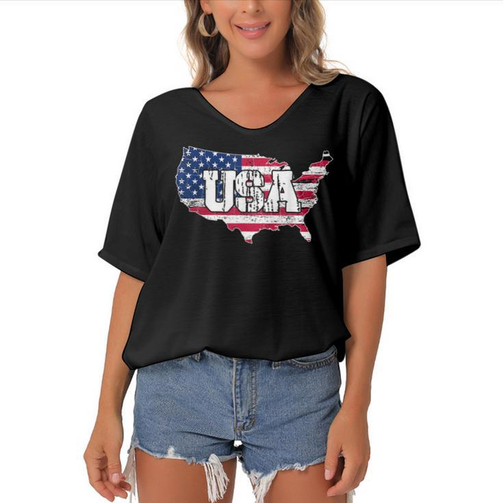 Usa  American Flag United States Of America 4Th Of July  Women's Bat Sleeves V-Neck Blouse