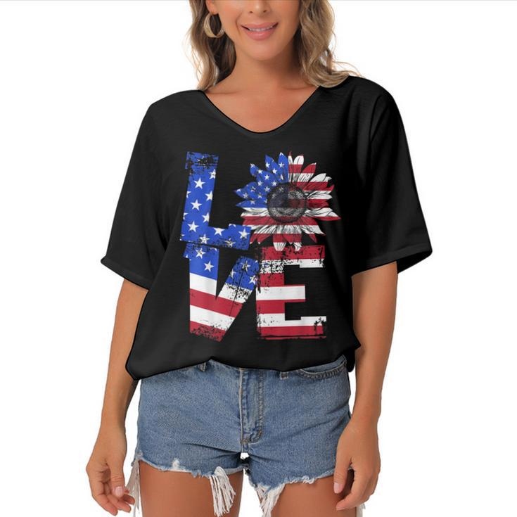 Vintage Love Sunflower Patriotic American Flag 4Th Of July  Women's Bat Sleeves V-Neck Blouse