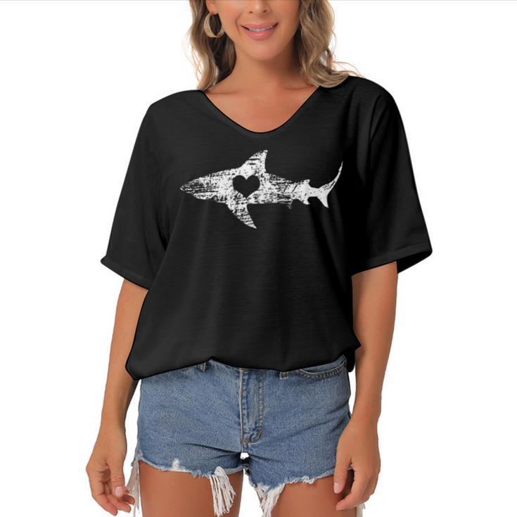 Vintage Shark Silhouette Hammerhead Shark Tiger Shark Heart 158 Trending Shirt Women's Bat Sleeves V-Neck Blouse