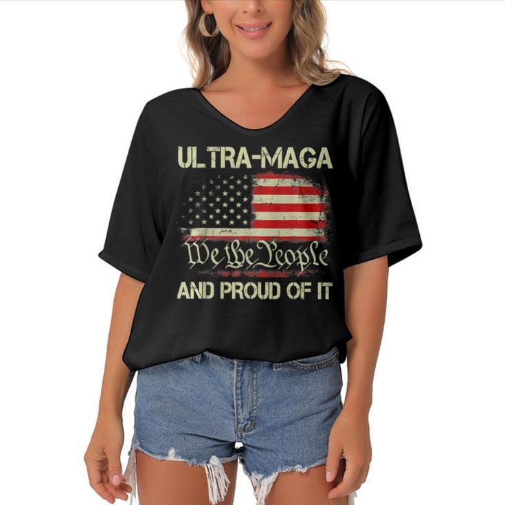 Vintage Ultra Maga And Proud Of It We The People Usa Flag  Women's Bat Sleeves V-Neck Blouse