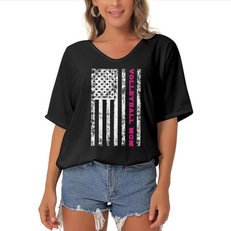 Volleyball Mom American Flag  Women's Bat Sleeves V-Neck Blouse
