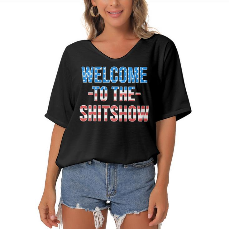 Welcome To The Shitshow Usa Flag Funny 4Th Of July Drinking   Women's Bat Sleeves V-Neck Blouse