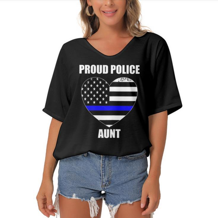 Womens Thin Blue Line Flag Law Enforcement Officer Proud Aunt Women's Bat Sleeves V-Neck Blouse