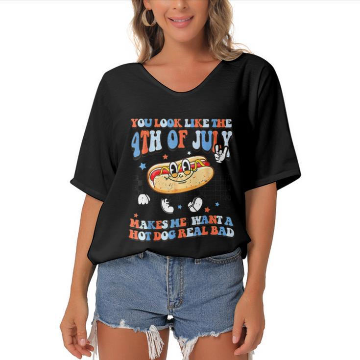You Look Like 4Th Of July Makes Me Want A Hot Dog Real Bad V2 Women's Bat Sleeves V-Neck Blouse