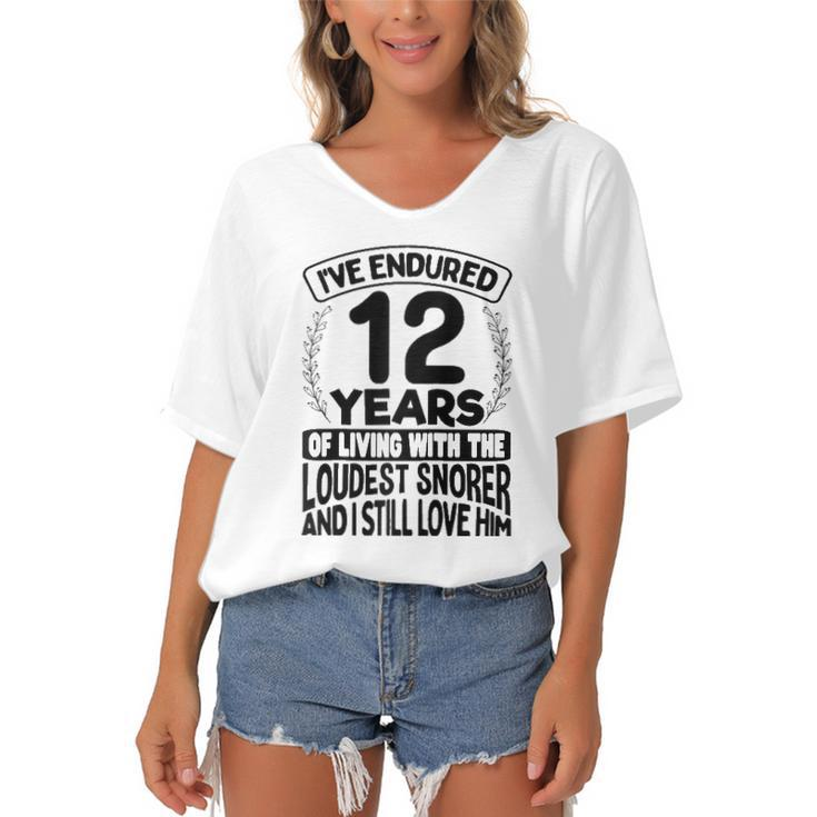12Th Wedding Anniversary Gifts For Her 12 Years Of Marriage Raglan Baseball Tee Women's Bat Sleeves V-Neck Blouse