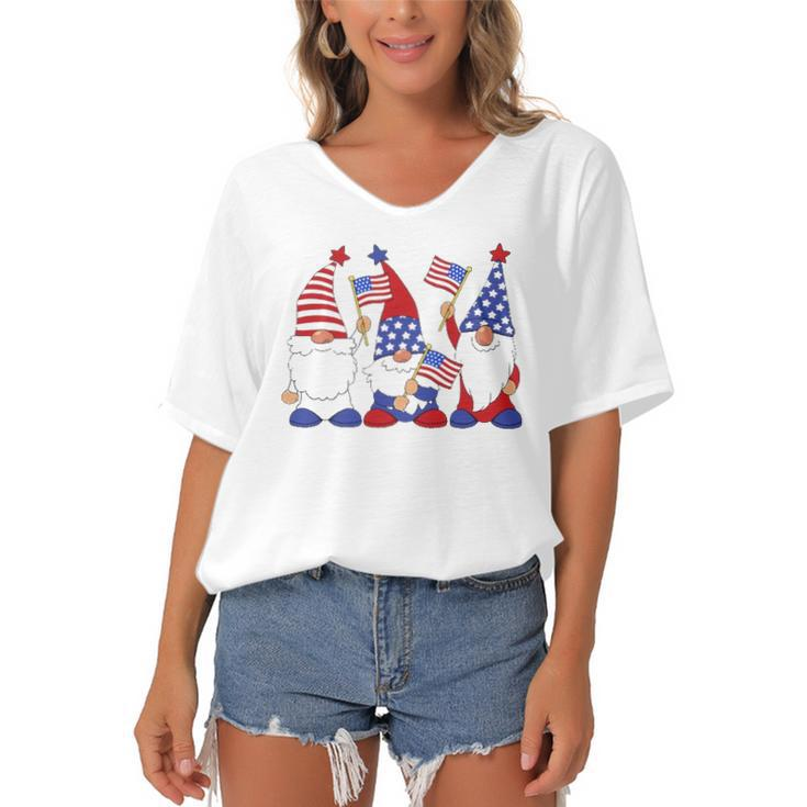 4Th Of July 2022 Patriotic Gnomes Funny American Usa Women's Bat Sleeves V-Neck Blouse