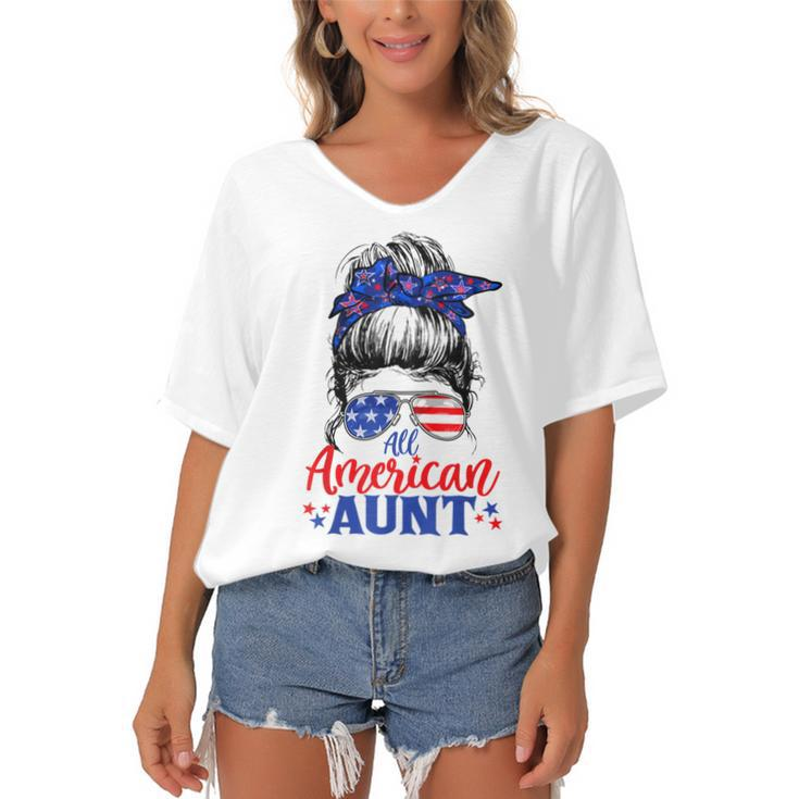 4Th Of July All American Aunt Messy Bun Patriotic Usa Flag  Women's Bat Sleeves V-Neck Blouse