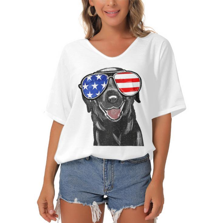4Th Of July Funny Black Lab Dog American Love Women's Bat Sleeves V-Neck Blouse