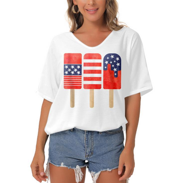 4Th Of July Popsicles Usa Flag Independence Day Patriotic  Women's Bat Sleeves V-Neck Blouse