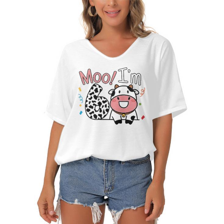 6Th Birthday Moo Cow Theme Farm Animal Six Years Old Party Women's Bat Sleeves V-Neck Blouse