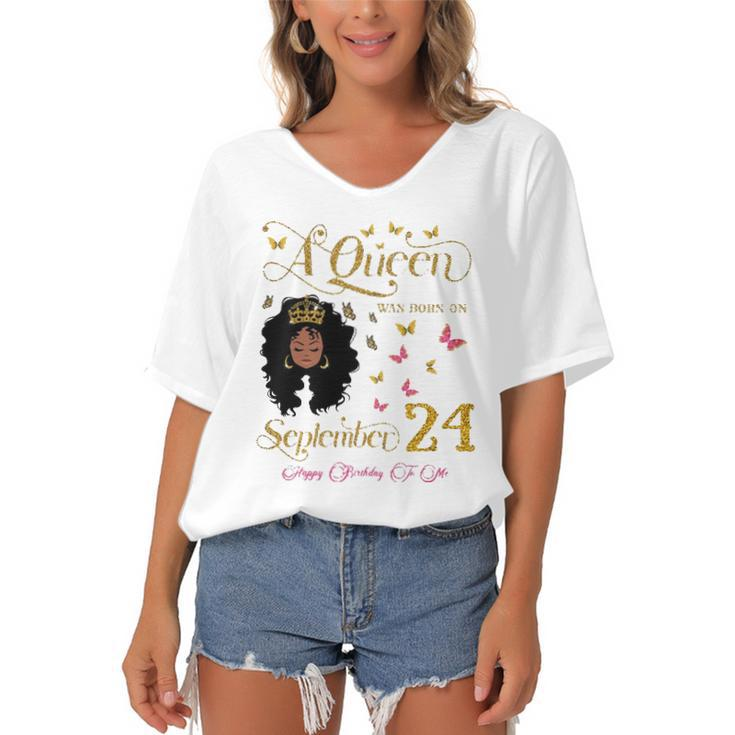 A Queen Was Born On September 24 Happy Birthday To Me Women's Bat Sleeves V-Neck Blouse