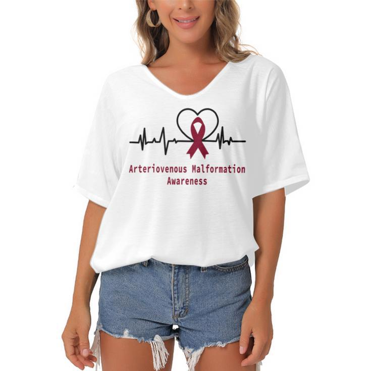 Arteriovenous Malformation Awareness Heartbeat  Burgundy Ribbon  Arteriovenous Malformation Support  Arteriovenous Malformation Awareness Women's Bat Sleeves V-Neck Blouse