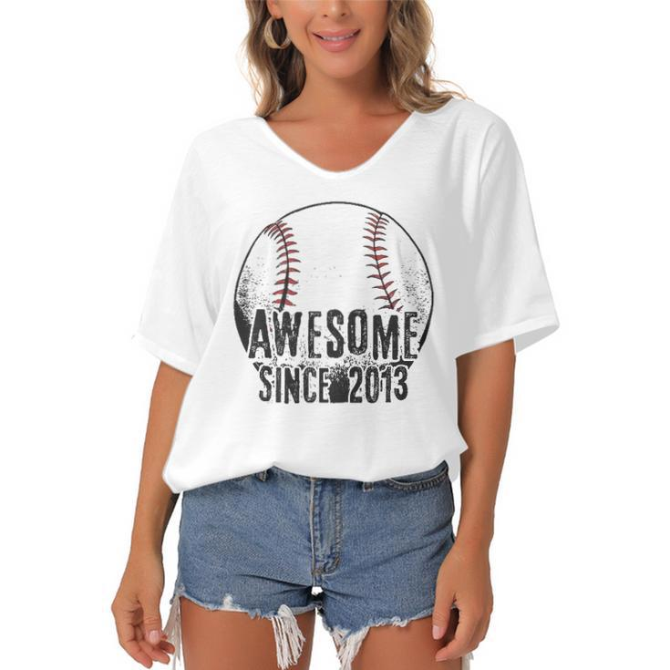 Awesome Since 2013 9 Years Old Baseball Player 9Th Birthday Women's Bat Sleeves V-Neck Blouse
