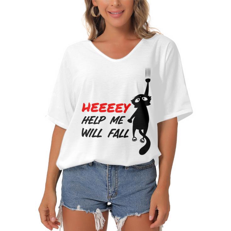 Black Cat Sayes Hey Cat Sayes Hey Women's Bat Sleeves V-Neck Blouse