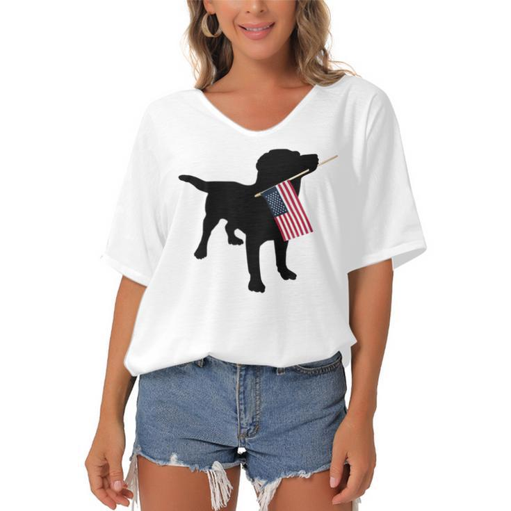 Black Lab Dog Holding July 4Th Patriotic Usa Flag  Women's Bat Sleeves V-Neck Blouse