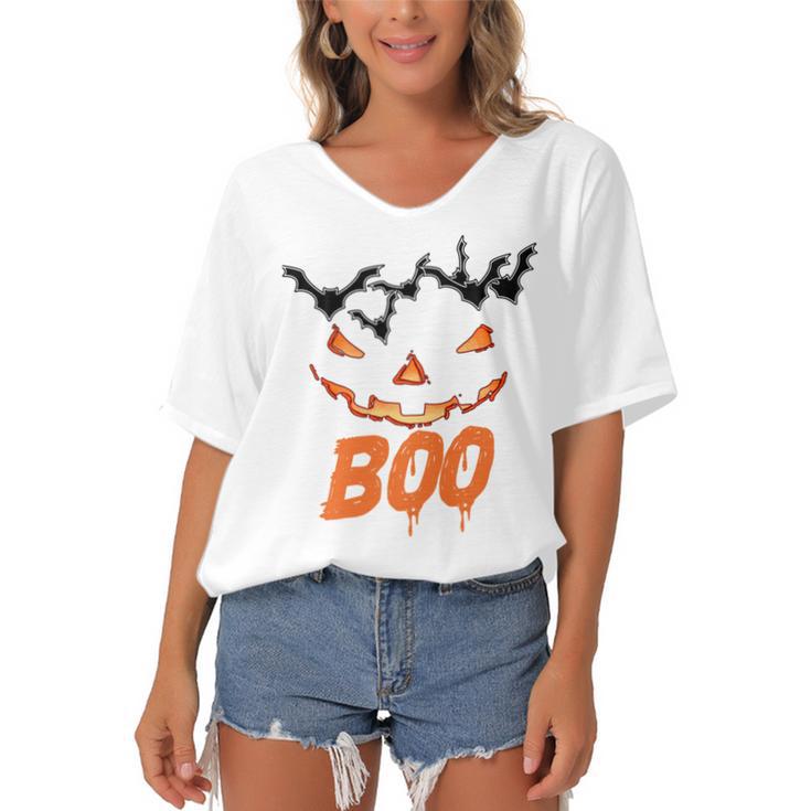 Boo Scary Pumpkin Face Women's Bat Sleeves V-Neck Blouse