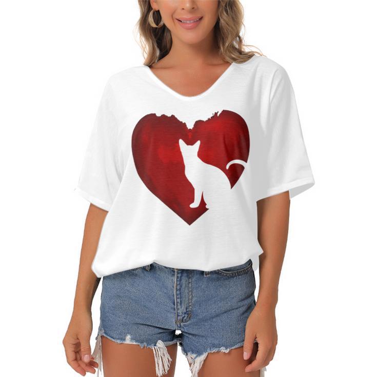 Cat Heart Shirt Cat Lovers Valentine Day Gifts For Couple Women's Bat Sleeves V-Neck Blouse