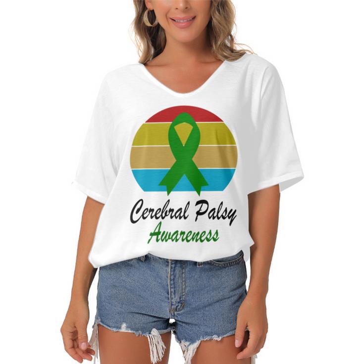 Cerebral Palsy Awareness Vintage  Green Ribbon  Cerebral Palsy  Cerebral Palsy Awareness Women's Bat Sleeves V-Neck Blouse