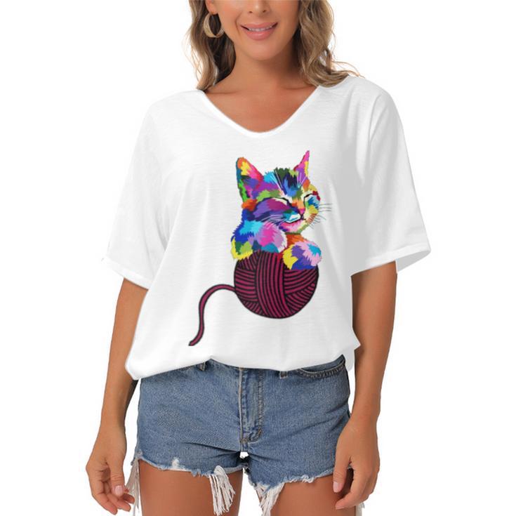 Cute Cat Gift For Kitten Lovers Colorful Art Kitty Adoption Women's Bat Sleeves V-Neck Blouse