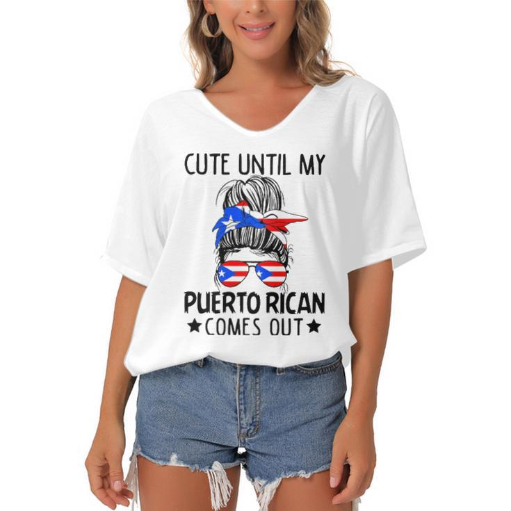 Cute Until My Puerto Rican Comes Out Messy Bun Hair Women's Bat Sleeves V-Neck Blouse