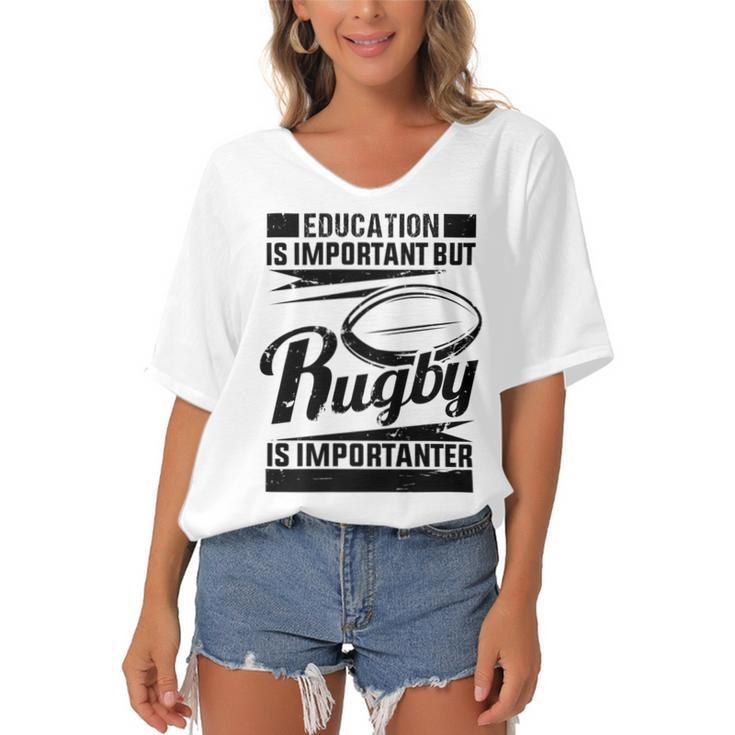 Education Is Important But Rugby Is Importanter Women's Bat Sleeves V-Neck Blouse