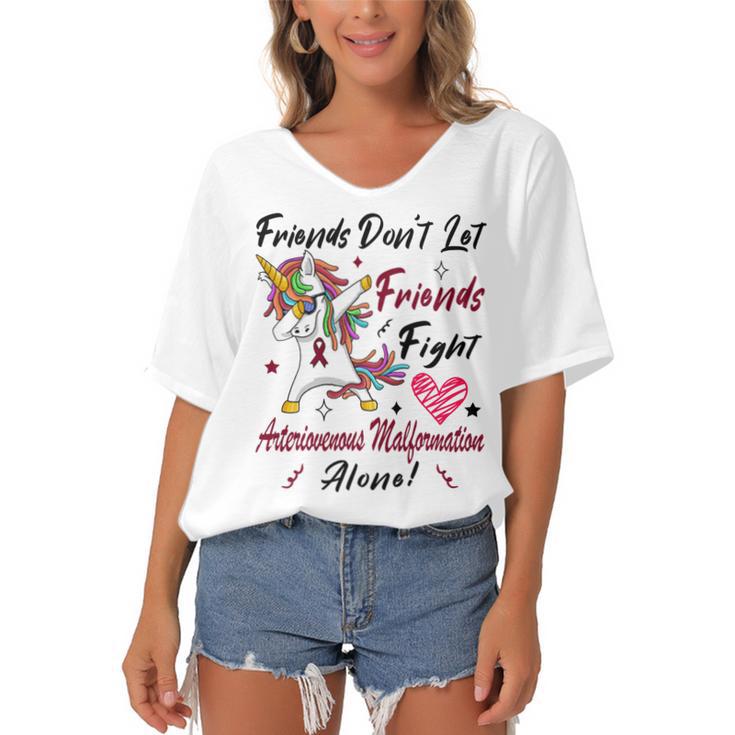 Friends Dont Let Friends Fight Arteriovenous Malformation Alone  Unicorn Burgundy Ribbon  Arteriovenous Malformation Support  Arteriovenous Malformation Awareness Women's Bat Sleeves V-Neck Blouse