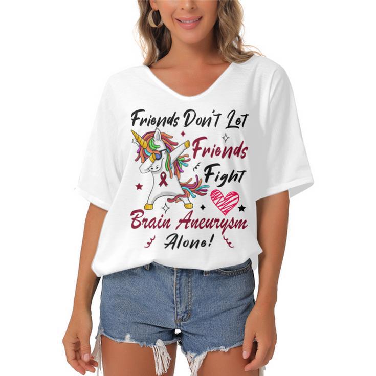 Friends Dont Let Friends Fight Brain Aneurysm Alone  Unicorn Burgundy Ribbon  Brain Aneurysm  Bpd Brain Aneurysm Women's Bat Sleeves V-Neck Blouse