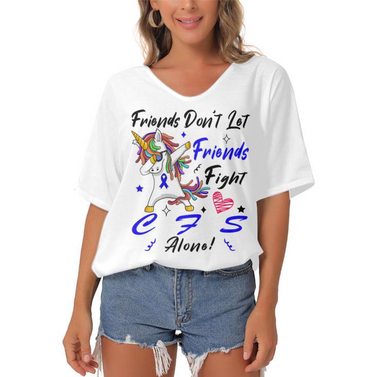 Friends Dont Let Friends Fight Chronic Fatigue Syndrome Cfs Alone Unicorn Blue Ribbon Chronic Fatigue Syndrome Support Cfs Awareness Women's Bat Sleeves V-Neck Blouse