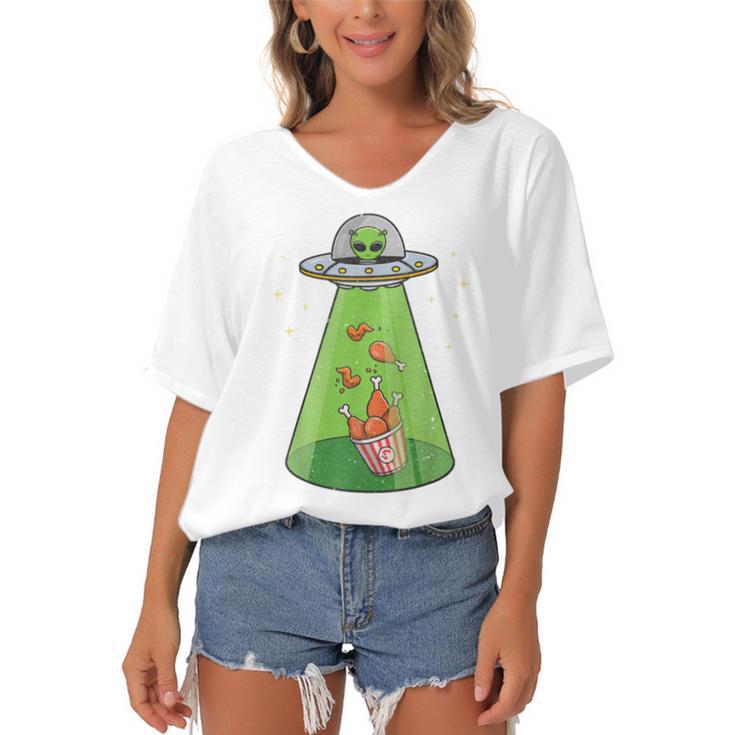 Funny Alien  Ufo Abduction Fried Chicken Aliens Lover  V2 Women's Bat Sleeves V-Neck Blouse