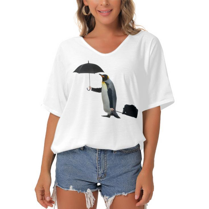 Funny Business Penguin Birds With Human Hands Women's Bat Sleeves V-Neck Blouse